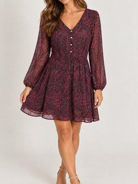 Daniel Rainn Maroon Polka dot long sleeve light weight dress Women size XL (101)